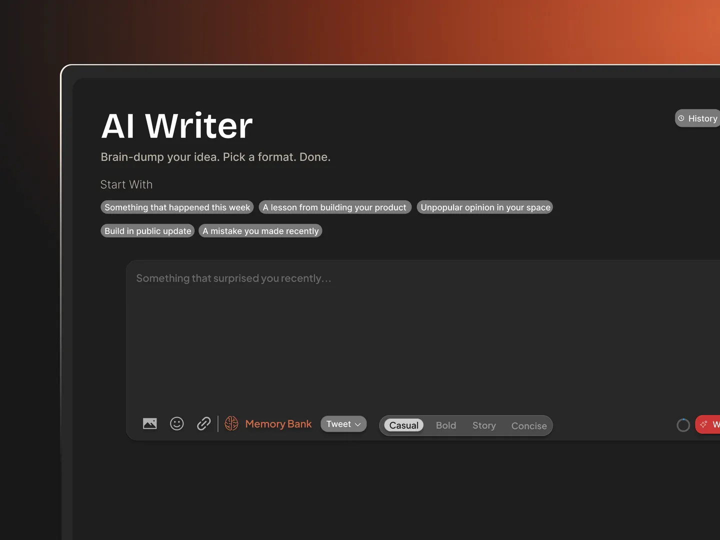 VoicePost AI Writer, brain-dump a thought, pick a format and tone, and it writes the post in your voice