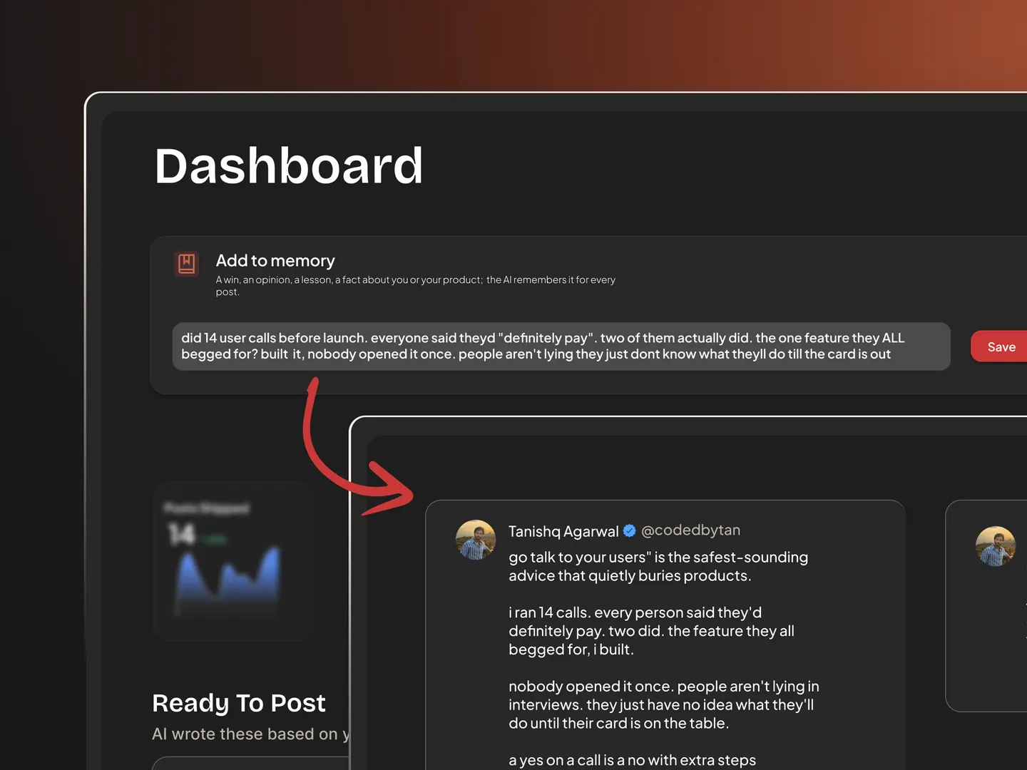 VoicePost Memory Bank, jot a win or lesson and it becomes a drafted post in your voice