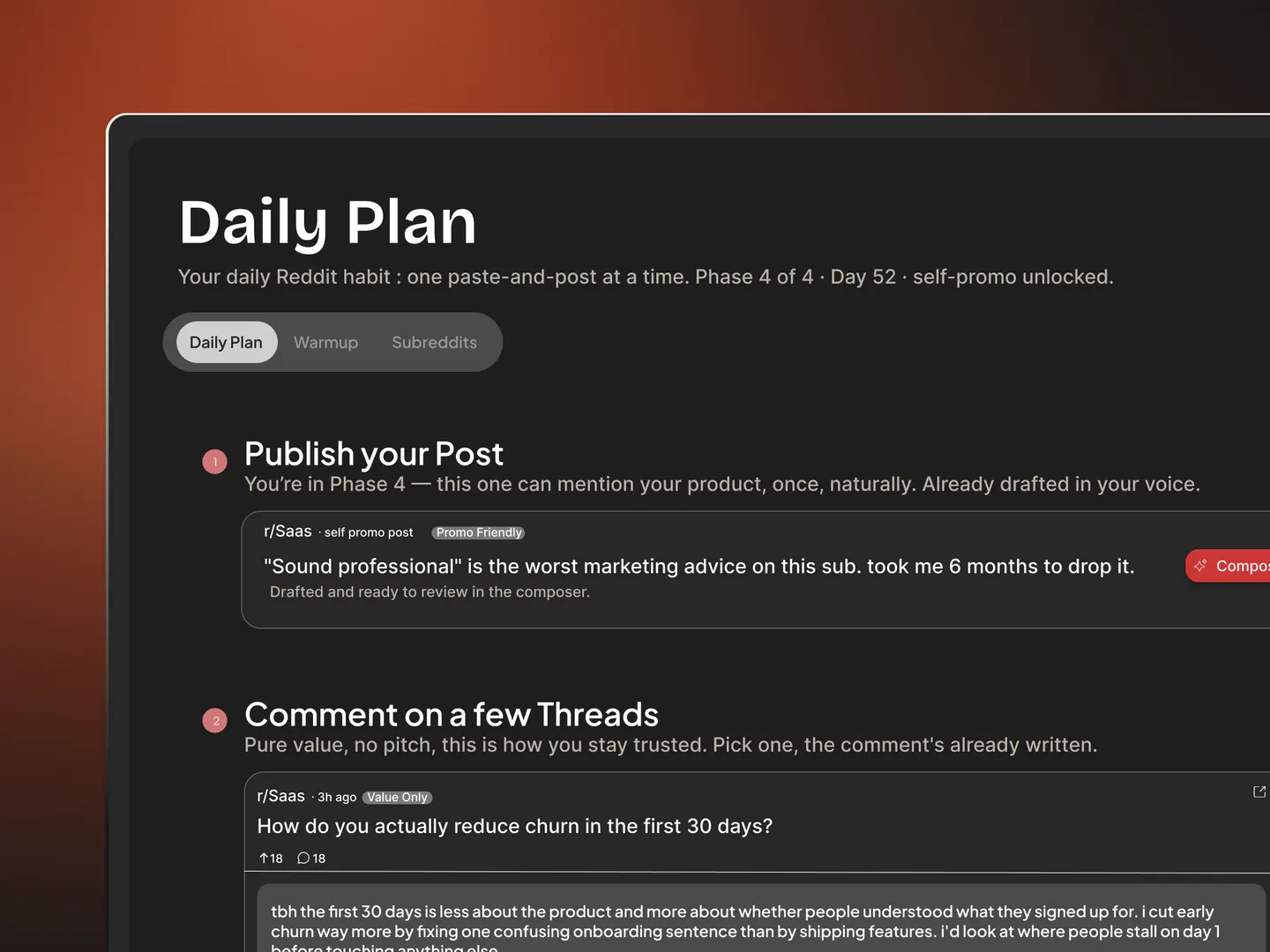 VoicePost Daily Plan, your daily Reddit habit, one paste-and-post at a time, drafted in your voice