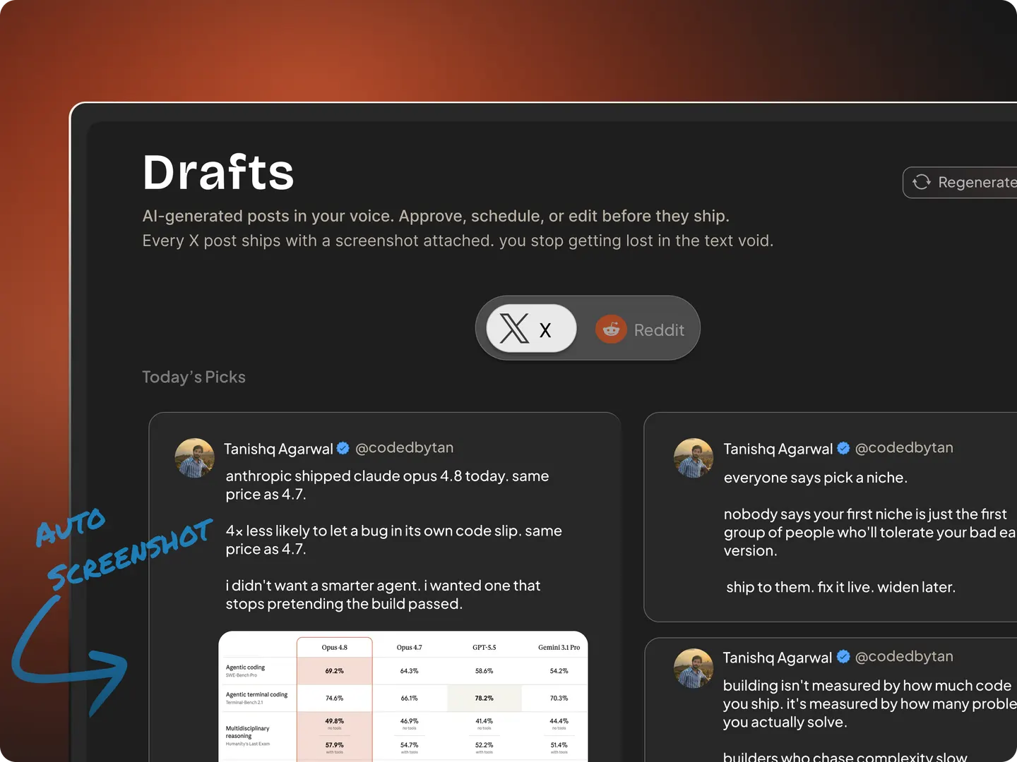 VoicePost Drafts, AI-generated X and Reddit posts with an auto-attached source screenshot