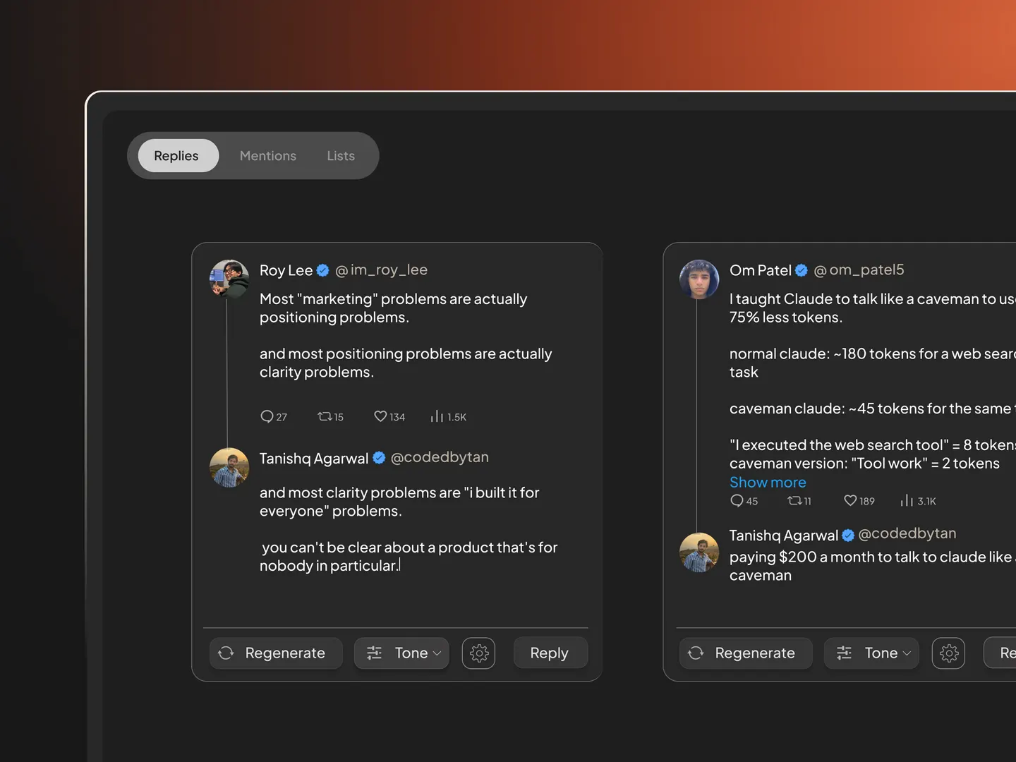 VoicePost Replies, drafted replies to big accounts with regenerate, tone and reply controls