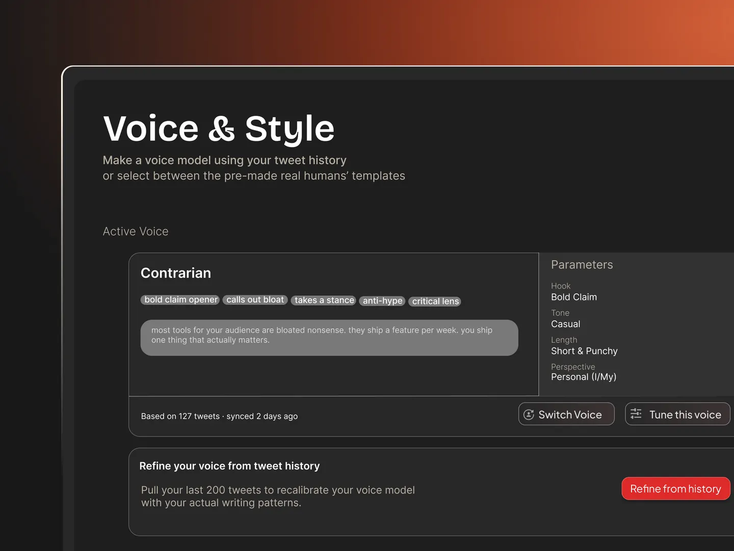 VoicePost Voice & Style, build a voice model from your tweet history or pick a real-human template
