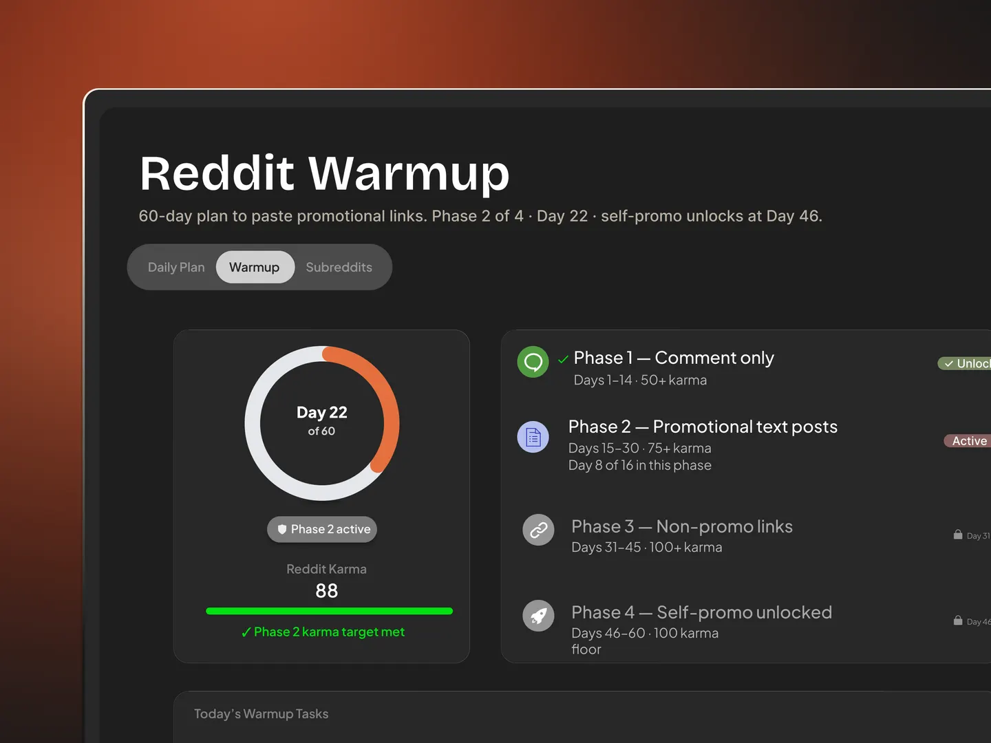 VoicePost Reddit Warmup, 60-day plan with phase progress, karma tracking and unlocks